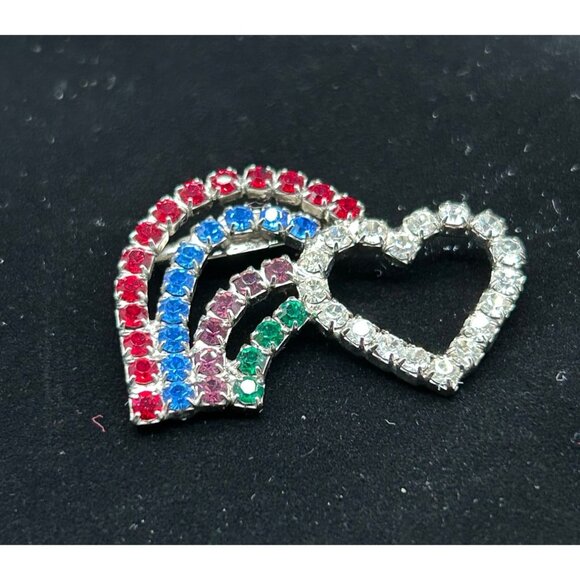 Vintage  Heart  Rainbow Rhinestones Pin Brooch 1.75" - Picture 4 of 6